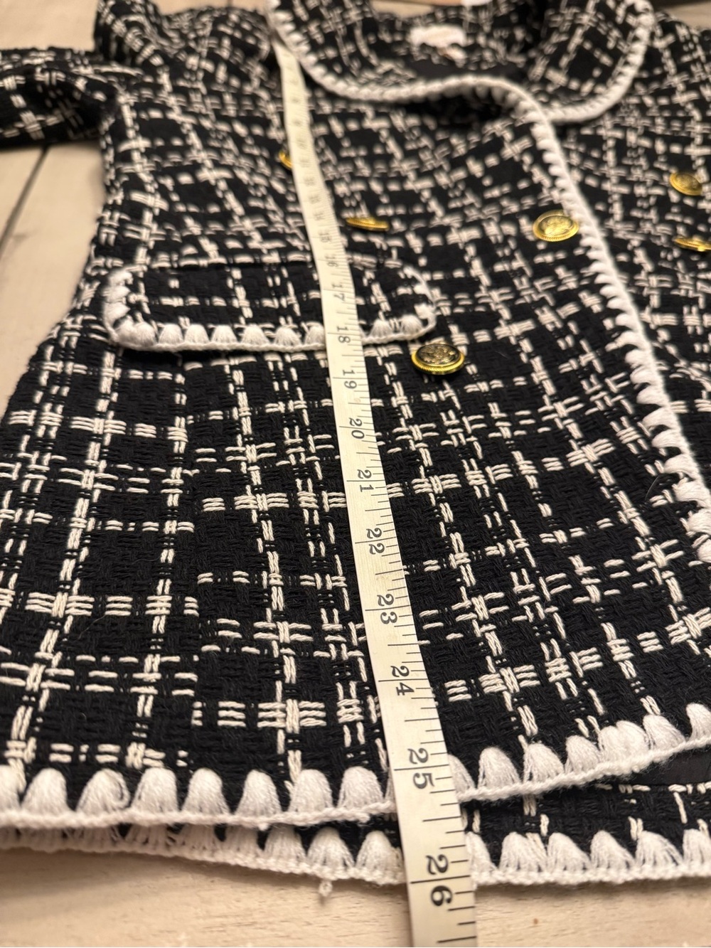 Laundry Shelli Segal Black White Plaid Tweed Blazer Jacket Blanket Stitch Med - Picture 4 of 11